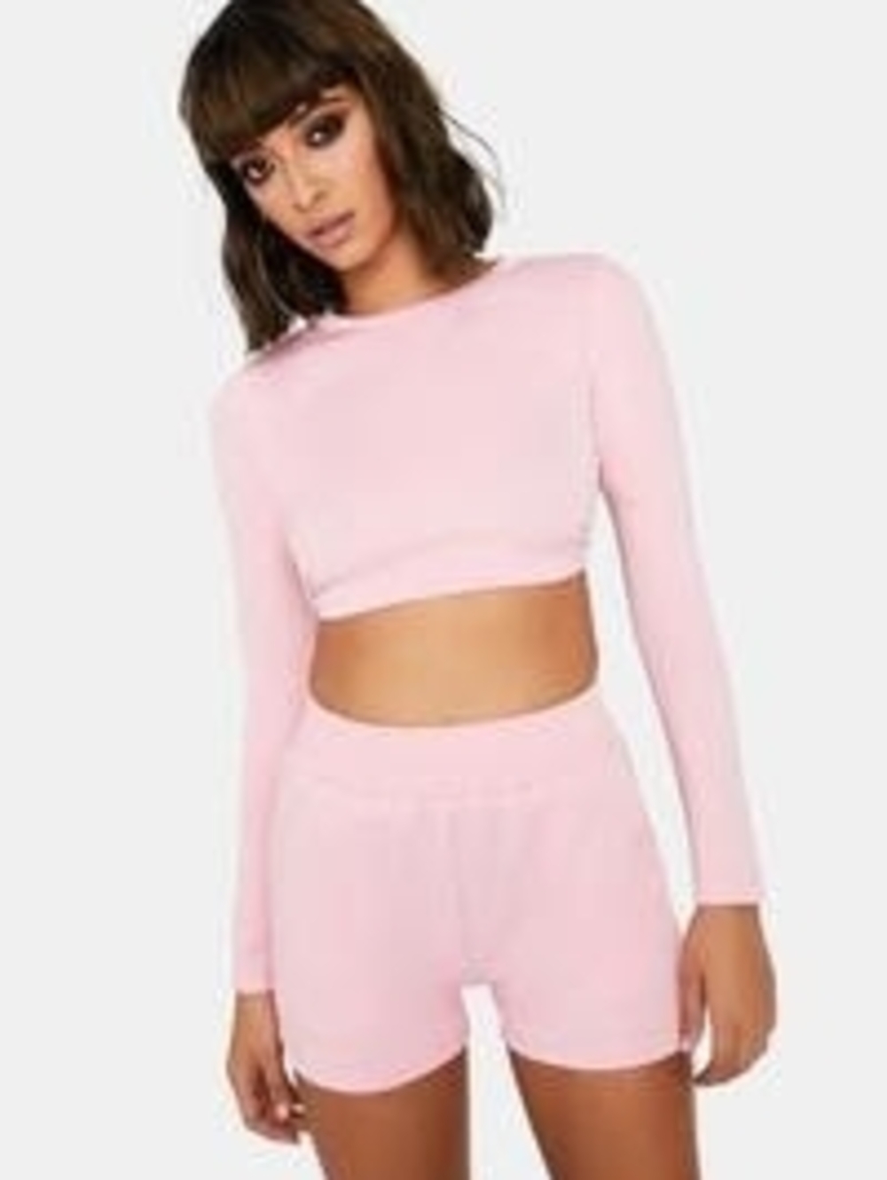 Stretch Rib Long Sleeve Crop Top & Lounge Shorts Set Open Back - Light Pink